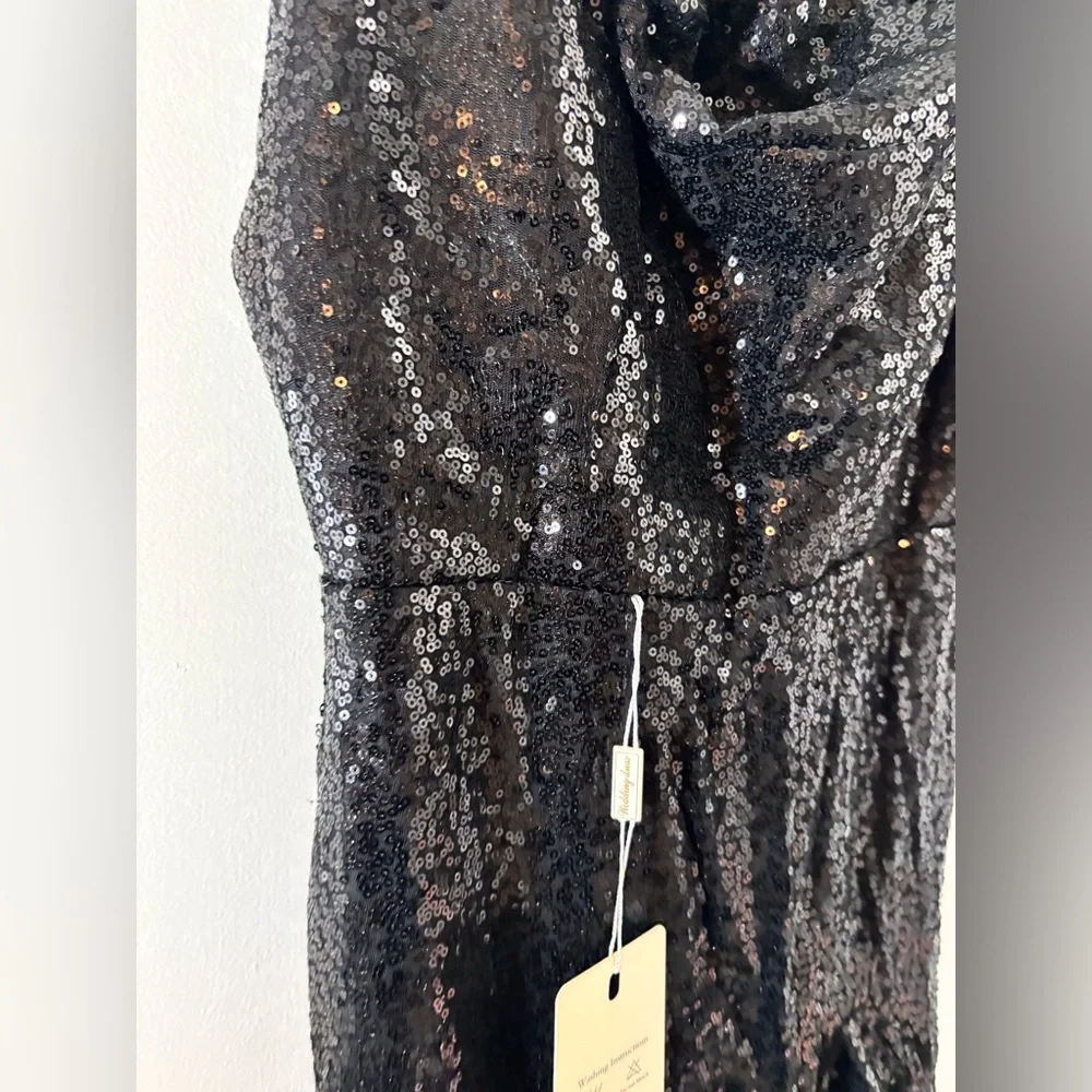 New Mermaid Sequin Dress Slit Spaghetti Strap Sparkly Ruffle Formal Evening Gown - Picture 5 of 8